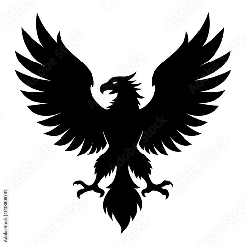 Black silhouette of an eagle descending with wings spread wide isolated on transparent background