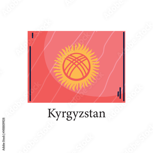 Vector illustration of the national flag of Kyrgyzstan, featuring a yellow sun with a tunduk (yurt roof) symbol at its center on a red background, rendered in a modern flat vector style