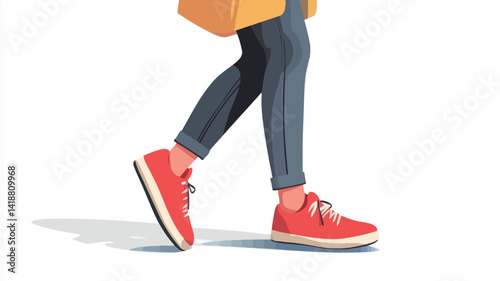A digitally rendered vector illustration shows a close up of a person's legs and feet in motion. The subject is walking from the mid-calf down to the viewer's right.