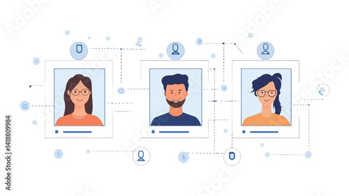 The image is a stylized vector illustration depicting three separate profile pictures, each within a light grey square.