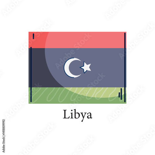 Vector illustration of the national flag of Libya, featuring horizontal red, black, and green stripes with a white crescent and star centered on the black stripe, rendered in a modern flat graphic sty