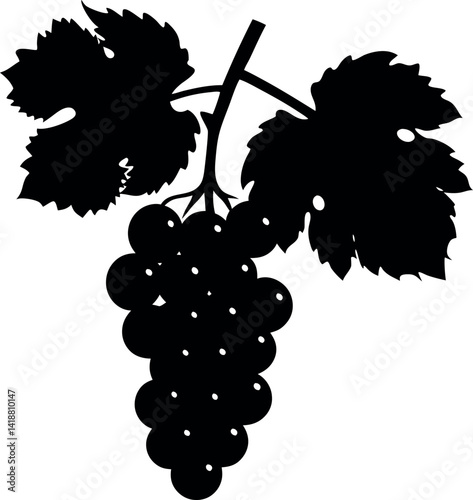 Black Silhouette Grape Bunch with Leaves Bold, Isolated on White, Simple Design