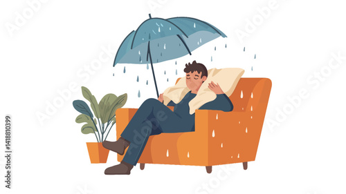 This illustration shows a stylized cartoon of a man sitting comfortably in an orange armchair.