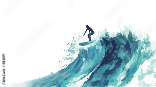 This digital artwork depicts a stylized surfer riding a wave. The style is reminiscent of a watercolor painting.