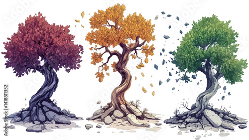 A stylized digital illustration of a tree showing the four seasons simultaneously.