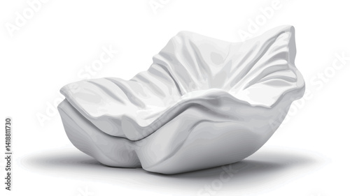 high angle panoramic photo of a modern white sculptural armchair. The shape of the chair mimics draped fabric.