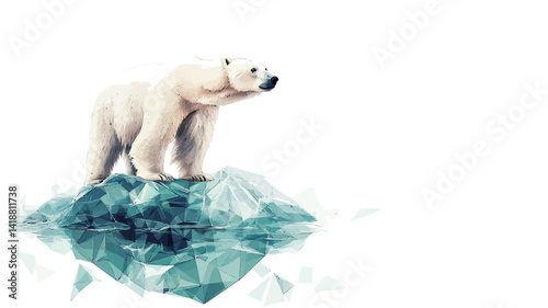 The work is a stylized watercolor depicting a polar bear standing on a small broken iceberg.