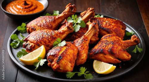 Grilled tandoori chicken legs served on a black platter with fresh coriander and lemon wedges on a wooden table, accompanied by a bowl of spicy seasoning