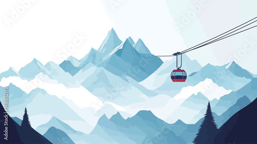 A stylized vector illustration of a red cable car climbing up a majestic mountain range.