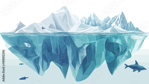 A stylized illustration of a cross-section of an iceberg. The top half shows the snowy, jagged ice.