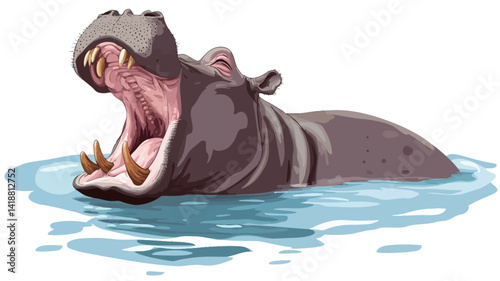 stylized illustration of a hippopotamus, partially submerged in calm water. The hippopotamus' mouth is open in a dramatic yawn, revealing prominent teeth. Soft tones.