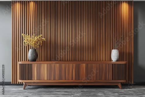 Elegant wooden sideboard with flowers and branches adorns the space