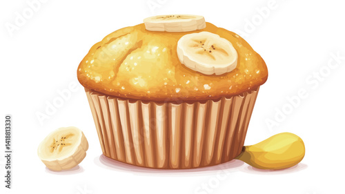 A digitally rendered close-up of a banana muffin set against a pure white background. The muffin has a high-key, almost luminous texture with a soft, diffused light.