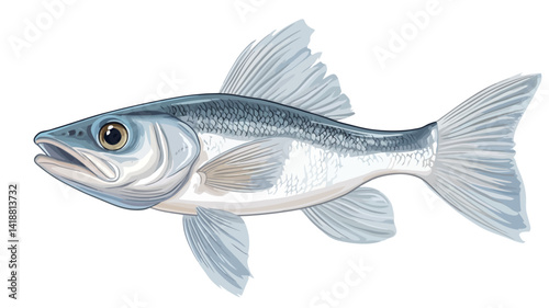 Detailed digital illustration of a juvenile striped bass, depicted in profile against a solid white background. The fish is predominantly light blue-grey in color.