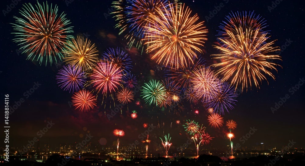 Fototapeta premium Spectacular fireworks display lighting up the night sky above cityscape