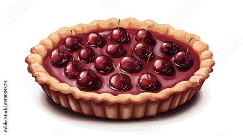 This high angle studio close-up photograph of a round cherry tart with a golden fluted base and a glistening deep red cherry filled in the puff pastry is captured against a plain white background.