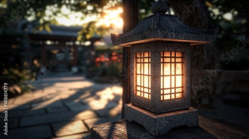 Japanese lantern, sunlight, zen garden, temple background