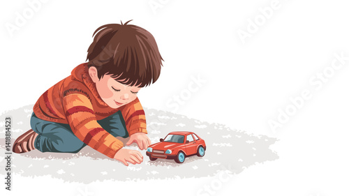 digitally rendered illustration depicts a toddler, approximately 2-3 years old, kneeling on a textured off-white surface, concentrating on playing with a small red toy car.