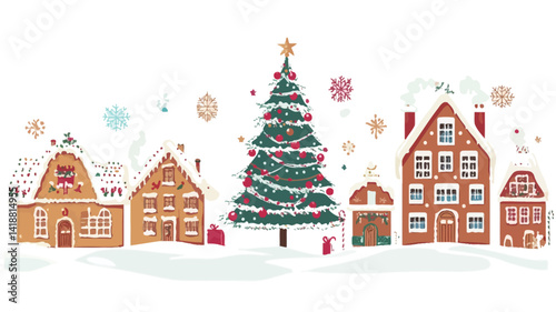 A digitally rendered illustration of a charming winter countryside scene. The style is flat cartoon, with clean lines and bright, saturated colors. Several unique gingerbread houses.