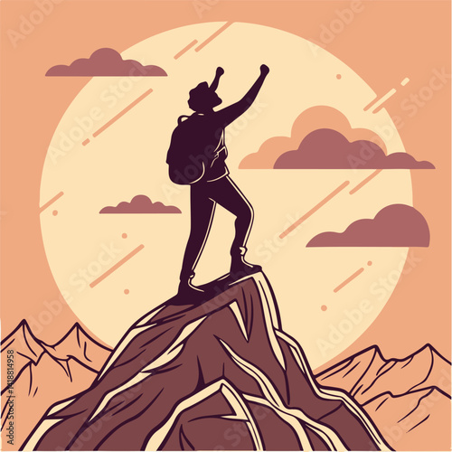Mountain Climber Reaching Summit – Adventure and Achievement Illustration