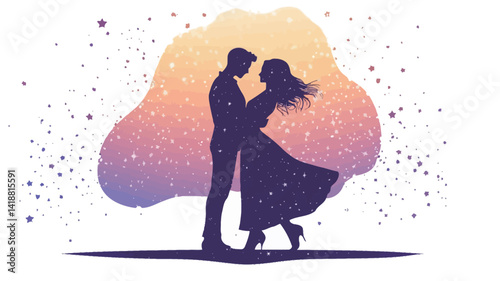 This digital illustration depicts the dark silhouettes of a man and woman embracing. The woman's skirt flows. They are set against a softly rendered background.