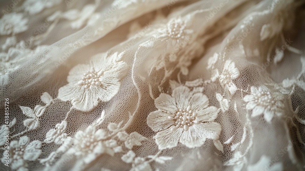 Close-up of delicate beige floral lace fabric with textured details and soft folds. Close-up of delicate beige floral lace fabric with textured details and soft folds.