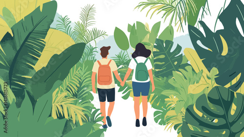 A digitally rendered illustration shows the back view of a young couple, holding hands, walking down a path hidden in a lush, vibrant tropical jungle. The illustration uses a flat design.