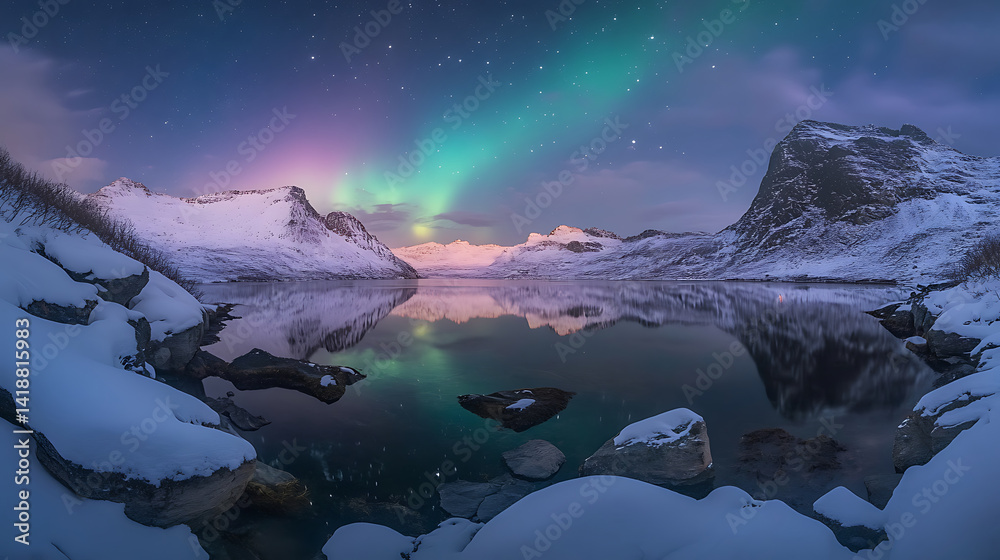 Naklejka premium Stunning Aurora Borealis over Snowy Mountain Landscape