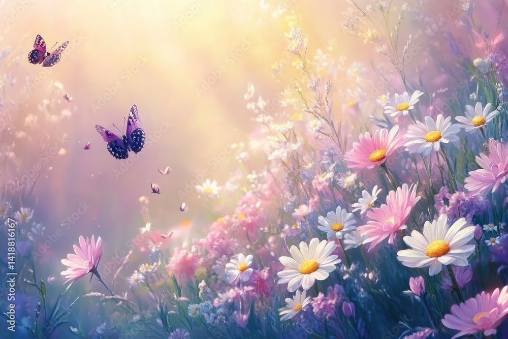 Obraz premium Colorful meadow flowers and butterflies