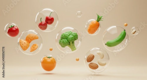 3D illustration of healthy snacks in floating bubbles vector style
