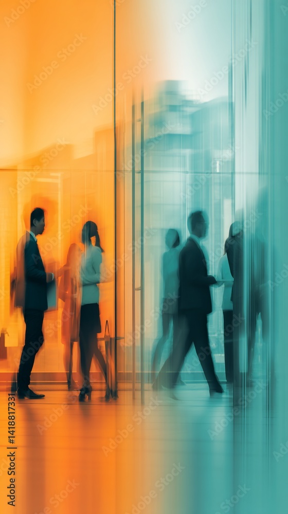 Fototapeta premium Busy modern office lobby. Blurred figures of people interacting