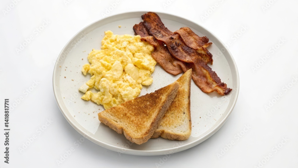 Breakfast plate with scrambled eggs, bacon, and toast. Breakfast plate with scrambled eggs, bacon, and toast.