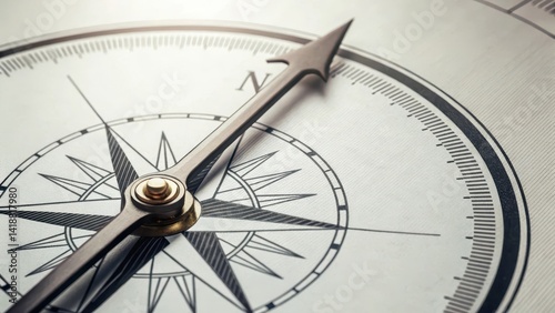 Close-up of a vintage compass with intricate details and a directional arrow.