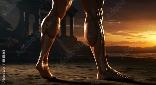 Sculpted physique strides before a scenic ancient backdrop at sunset or sunrise photo