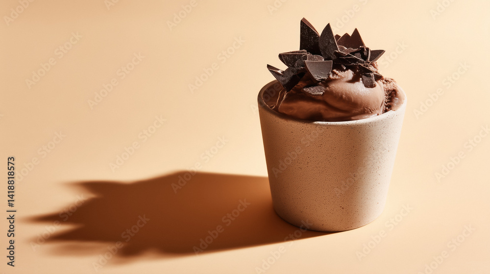 Chocolate ice cream in a light-colored cup topped with chocolate shards on a beige surface with a shadow.