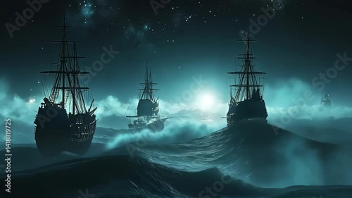 Pirate ships sailing through stormy ocean waters during the night with visible moonlight and stars