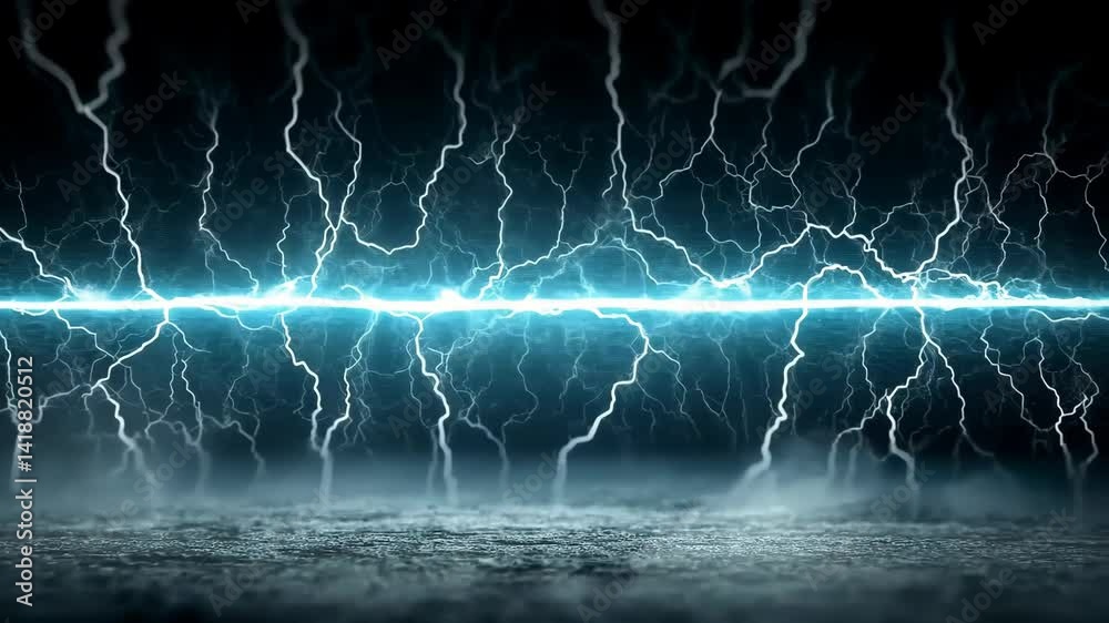 Electric blue lightning strikes on dark abstract background illuminating a concrete surface creating a dynamic and energetic scene