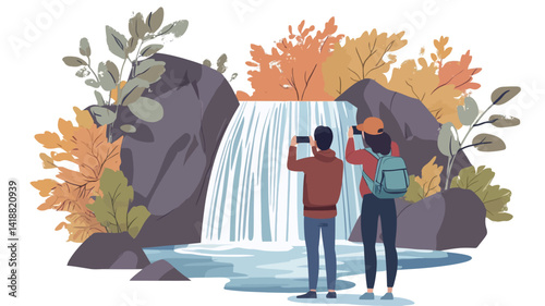 A digitally rendered illustration of a couple standing in front of a cascading waterfall on an autumn day. The illustration is flat, vector-based, with bold, simplified graphics and limited colors.