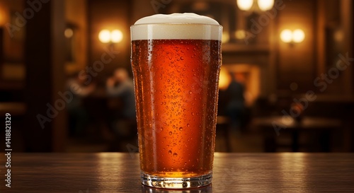 Refreshing pint of amber beer on a wooden bar in a cozy pub setting