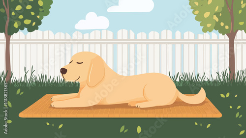 A digitally rendered illustration depicts a light blonde golden retriever, quietly lying on an orange yoga mat in a lush backyard. The dog has his eyes closed, suggesting a.
