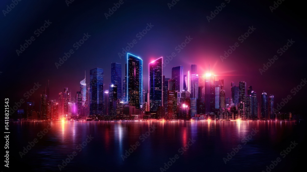 Fototapeta premium Neon cityscape skyline at night, vibrant city lights reflecting on water