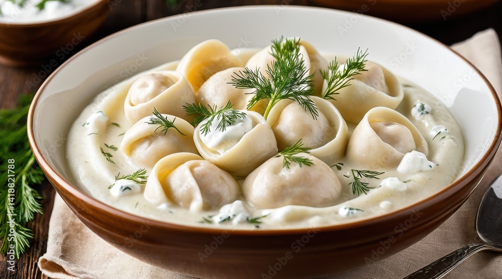A bowl of juicy dumplings garnished with fresh dill and sour cream sits on a rustic wooden table, inviting a delicious culinary experience A bowl of juicy dumplings garnished with fresh dill and sour cream sits on a rustic wooden table, inviting a delicious culinary experience