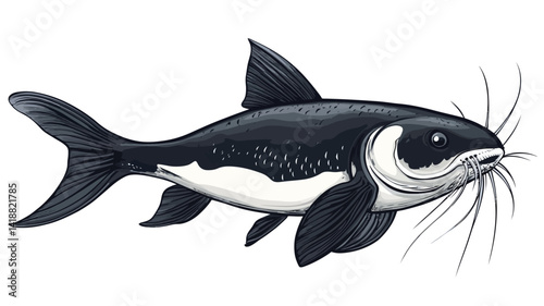 A detailed and stylized illustration of a black ghost swordfish rendered in monochrome tones. The work uses a strong contrast between deep black and pure white to create a graphic feel and.