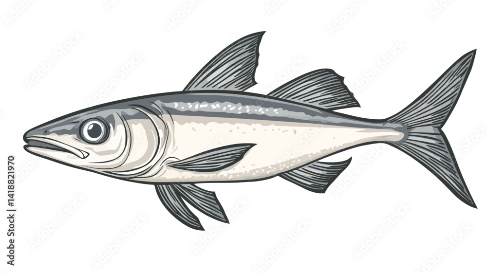 Fototapeta premium This is a fine line illustration of a horse mackerel rendered in greyscale. The image uses different shades of grey to depict the fish's form, with subtle textured shading to suggest scales.
