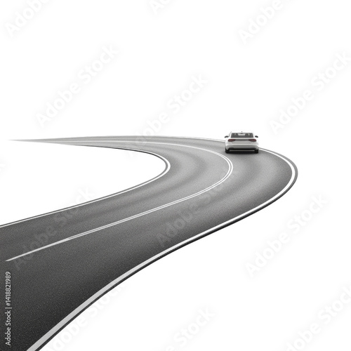 Solitary journey on a curving road disappearing into darkness, minimalist automotive art