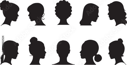 A collection of different women's hairstyles depicted in clean, black line art silhouettes against a white background.