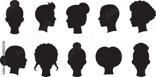 A collection of different women's hairstyles depicted in clean, black line art silhouettes against a white background.