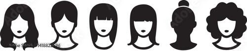 A collection of different women's hairstyles depicted in clean, black line art silhouettes against a white background.