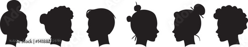 A collection of different women's hairstyles depicted in clean, black line art silhouettes against a white background.