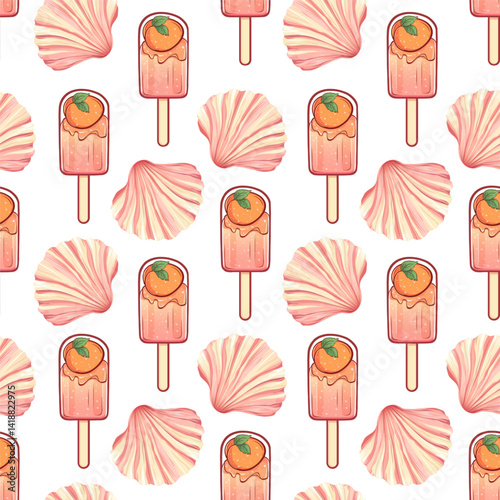 Seamless Pattern with Popsicles and Peach Shells